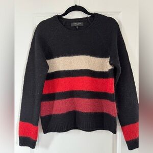 rag & bone Black Mohair-Blend Crewneck Sweater with Red and Cream Stripes